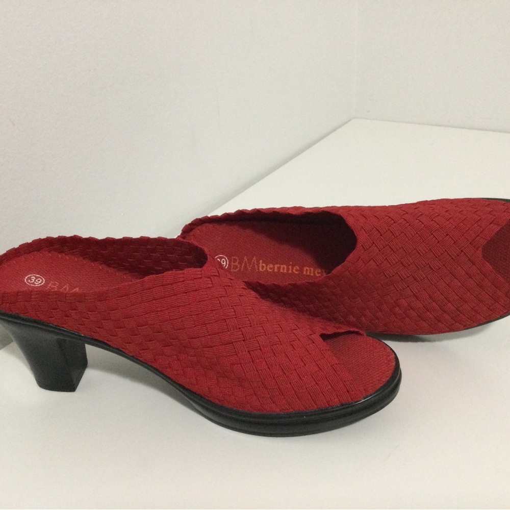 Bernie Mev. Red Peep-Toe Woven Mule Heels